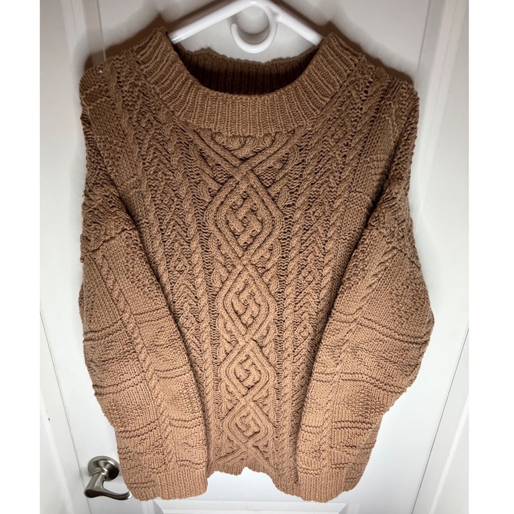 Chunky Cable Knit Camel Brown Soft Crew Neck Boho Sweater Sz Womens Large‎